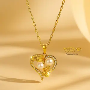 Kalung Wanita Titanium Liontin Mutiara Hati Wanita Anti Karat Perhiasan Aksesoris Fashion KT210