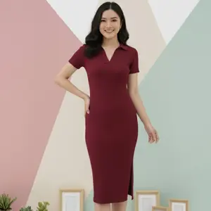 LARISA Gaun Rajut Polos Midi Wanita Korea Style Kerah Elegan Modis Kekinian  Simple Bodycon Dress Kasual Trendi OOTD Santai Hangout Harian Long Dress Fashion Wanita Casual Daily Outfit Stylish Look Modern Cantik Anggun Nyaman Dipakai Sehari Hari Melar