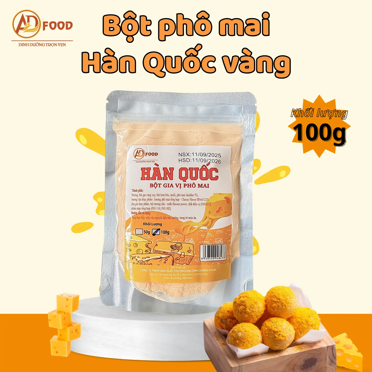 100g Bột phô mai HÀN QUỐC ADFOOD màu vàng - mùi thơm đặc trưng, làm gia vị lắc, sốt dẻo
