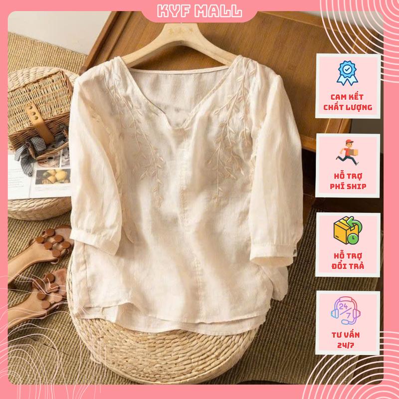 Áo sơ mi đũi nữ tay bồng thêu hoa | Form rộng che dáng, thoáng mát, mặc đi chơi, đi làm | Áo Trung Niên Kiểu