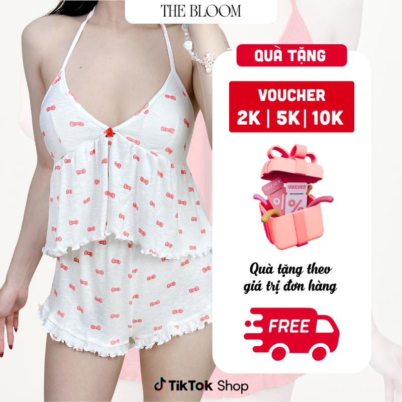 THE BLOOM [CÓ MÚT] Set Bộ Đồ Ngủ Nữ Babydoll Cổ Yếm Có Sẵn Mút Mềm Và Quần Đùi Ngắn Viền Bèo Chất Gân Cotton Mềm Mịn, Bộ Đồ Ngủ Nữ Mùa Hè - SE059 đồ  ngủ  set  nữ  xesy