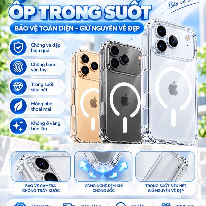 Ốp Trong Suốt Sạc Từ Tính Cho iPhone X-18Promax Bảo Vệ Toàn Diện Chống Trơn Trượt Mỏng Nhẹ Tinh Tế