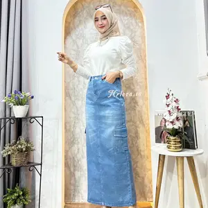 Rok Jeans Span Cargo Highwaist Premium Panjang Wanita