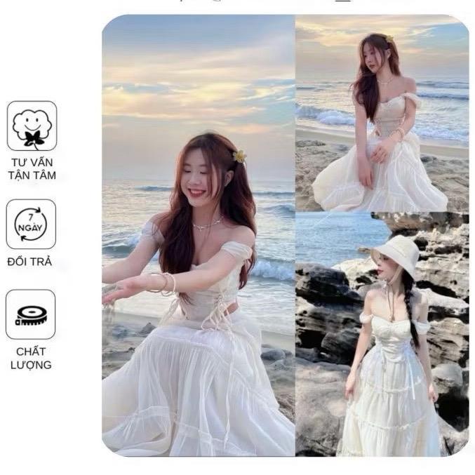 ( có bigsize ) Set áo corset nàng thơ đi biển trễ vai phối chân váy maxi dài by Tường Vy Shop