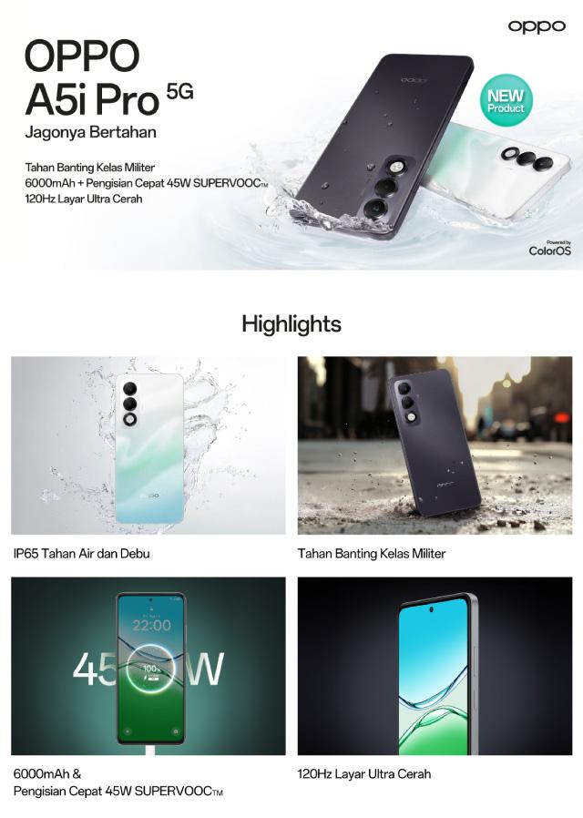 [AFDHAL APPROVED] OPPO A5i Pro 5G 8GB/256GB (IP65 Water-Resistant, 6000mAh Large Battery, 45W SUPERVOOC Flash Charge, Military-Grade Shock Resistance)