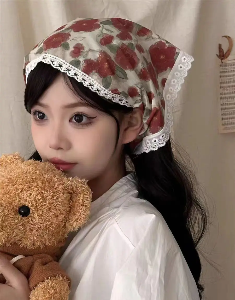 Cute Pattern Embroidered Triangle Headscarf for Women's Hairbands Triangle Headscarf