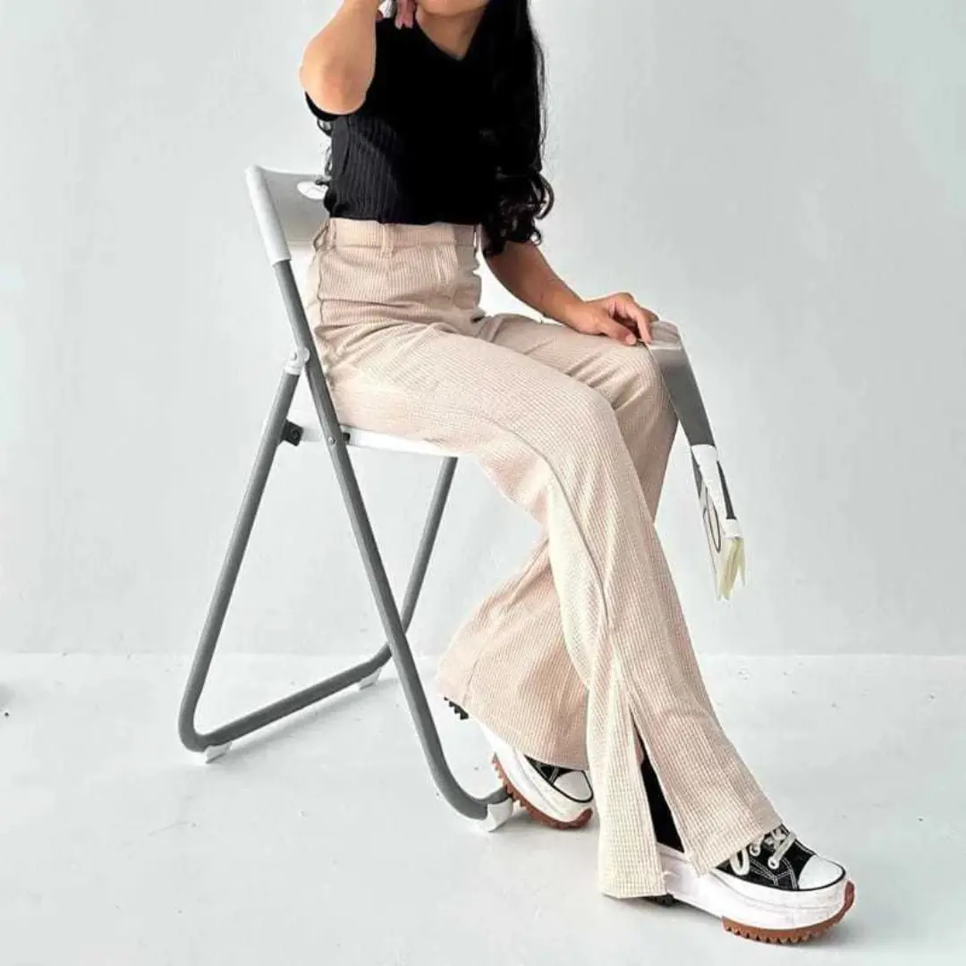 Celana Knit Waffle Slit - Celana Wanita Kulot Knit Rib Panjang - Knit Pants - Loose Pants Linen Highwaist Kulot Panjang Basic Strech Premium Korean - Casual