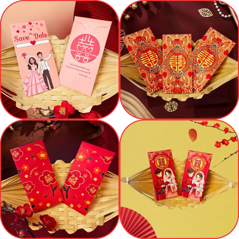 1 XẤP 6 CÁI BAO LÌ XÌ CƯỚI HÌNH CÔ DÂU CHÚ RỂ CHỮ HỶ DÀNH CHO CƯỚI HỎI, BÊ TRÁP