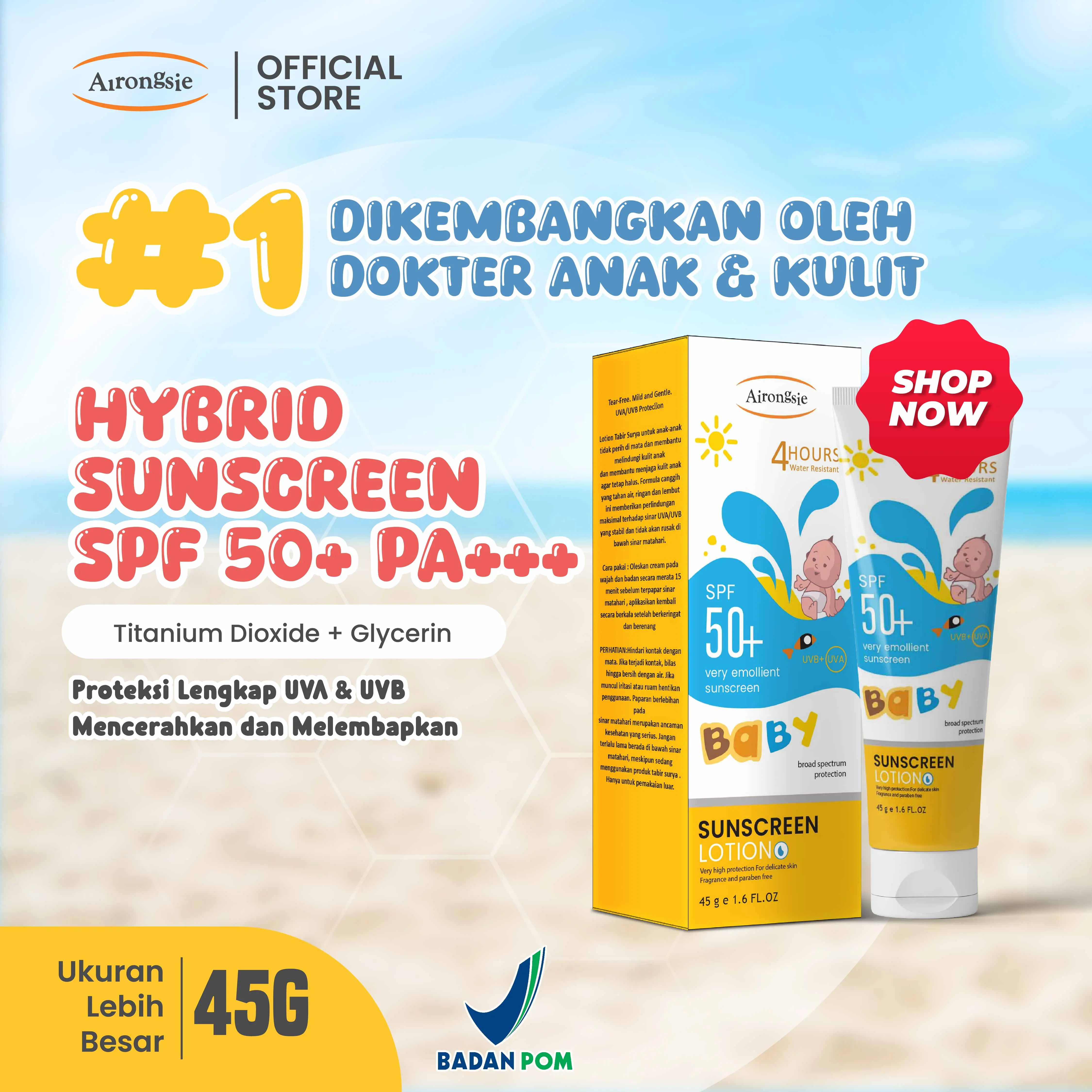 Sunscreen Anak Kids Spf50+ PA+++ Hybrid Sunscreen UVA UVB Waterproof 4 Jam