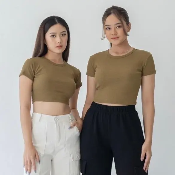 Georgios Women | Basic Crop Top | Kaos Rib Wanita Kekinian Polos Atasan Baju  Cewek Dewasa Tshirt  Oblong Pendek Santai Tee Katun Panjang Pakaian Rip