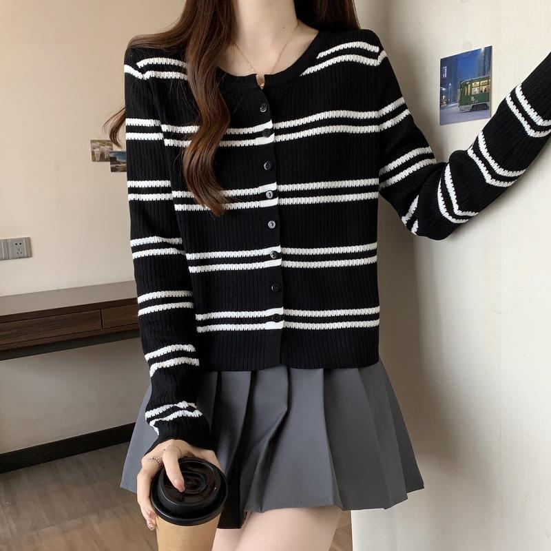 Áo Cardigan Dệt Kim, Thời Trang Thường Ngày Cổ Tròn, Áo Len Cropped Xén, Dành Cho Nữ, Bộ Sưu Tập Mùa Xuân Và Mùa Thu, Với Thiết Kế Sọc 2