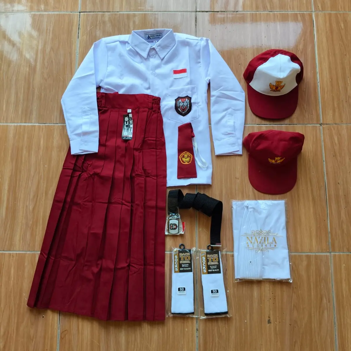 Seragam Sekolah Merah Putih SD Panjang Setelan Anak Perempuan Usia 6-12 Tahun Lengkap Bonus Kerudung Putih Instan & Topi Sekolah SD