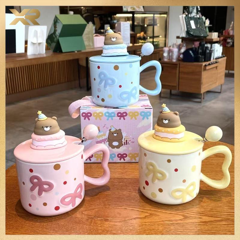 Ly cốc gốm sứ kèm nắp hình gấu bánh kem kèm muỗng và hộp quà dễ thương quà tặng sinh nhật - DGX