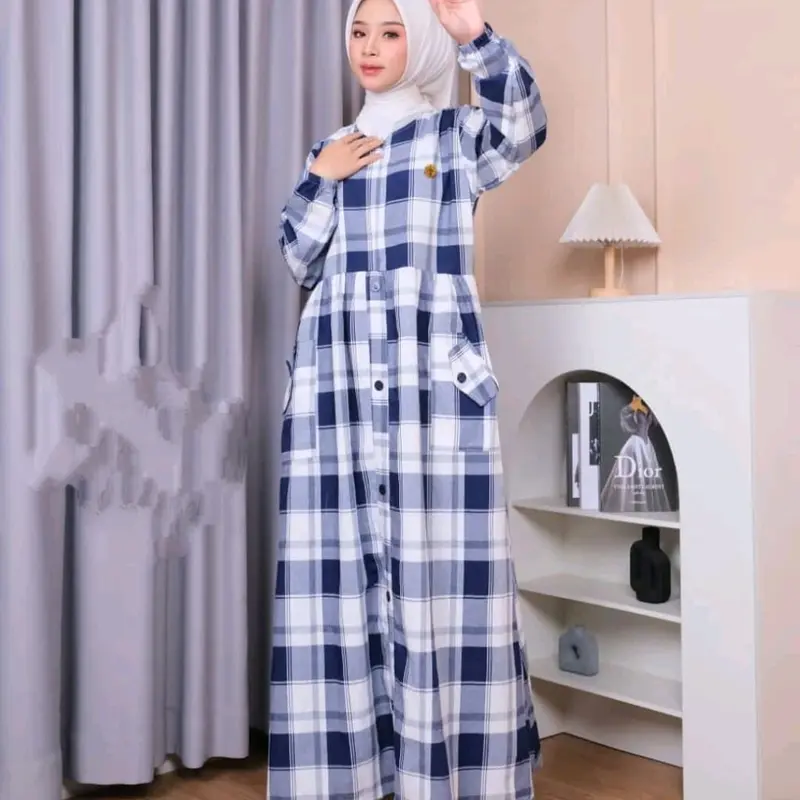 Gamis Triset katun haruka premium terbaru motif kotak elagand simple nyaman di pake halus lembut menyerap keringat bisa COD Kancing 0