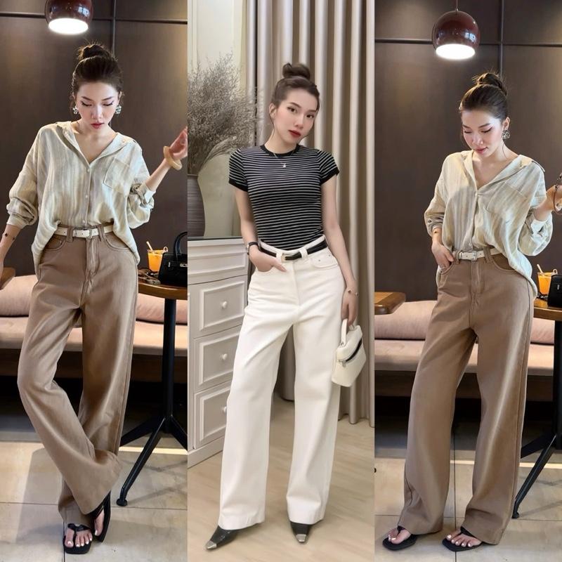 YURI JEANS - (LIVE) Quần Jean Nữ Ống Suông Màu trắng be nâu May viền Túi Cuộn Women Pants (MÃ43)