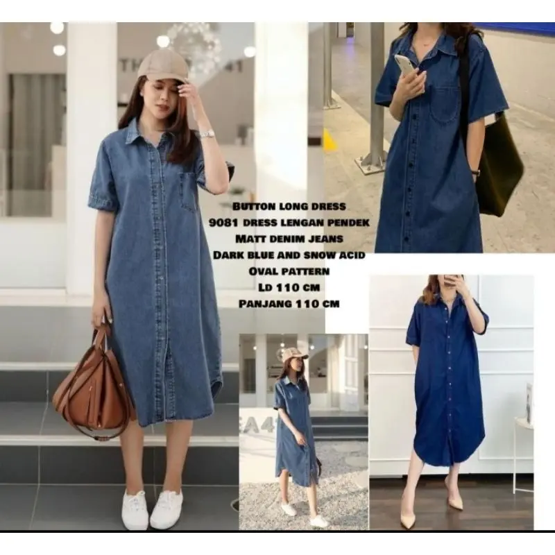 DJ DRESS BERKERAH JEANS WANITA LENGAN PENDEK SAKU SATU BAHAN DENIM HALUS LEMBUT Garis Kancing Panjang Nyaman Santai Semi Casual Baju Atasan Busui Kaki dress Standar Tangan