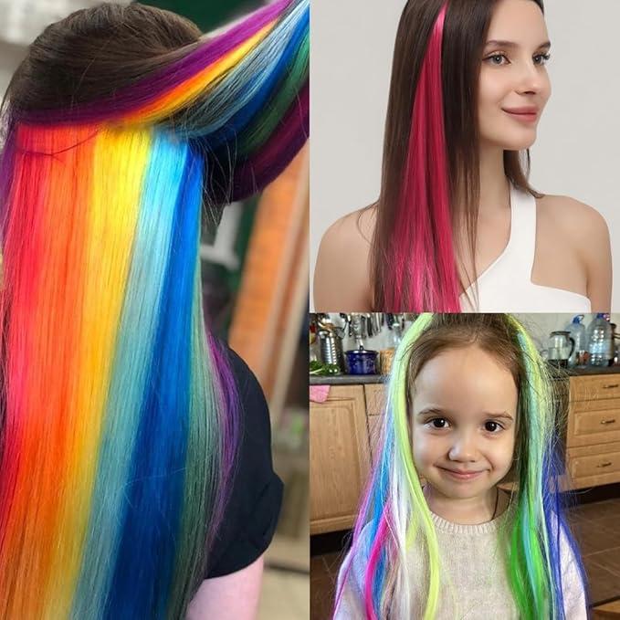 Coloured Hair Extensions,12 Pcs Rainbow Hair Extensions,Colored Clip In Hair Extension,Colorful Party Highlights Hair Synthetic Hairpieces,20 Inch Colorful Long Straight Hair Wig 6