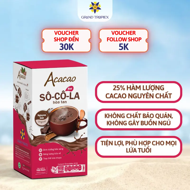 Bột Sô-cô-la Hòa Tan Vị Nguyên Bản Acacao Uống Liền, Bột Sô-cô-la Tiện Lợi - Túi 96g, Hộp 286g 0
