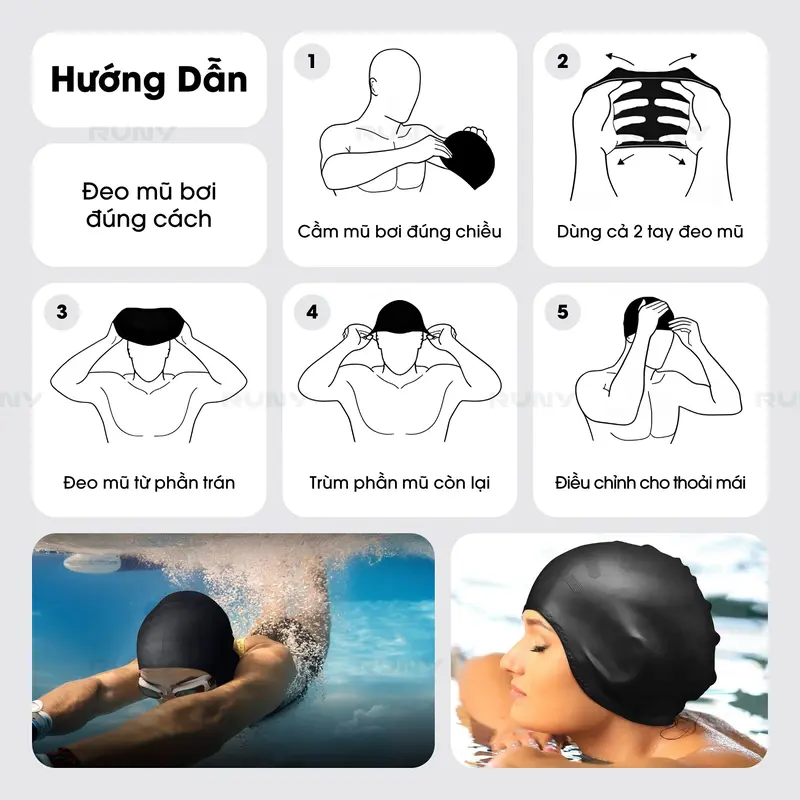 Mũ Bơi Người Lớn Silicone Dùng Được Cho Nam Nữ Bịt Tai - Ngăn Nước - Chùm Búi Tóc - MB02 7