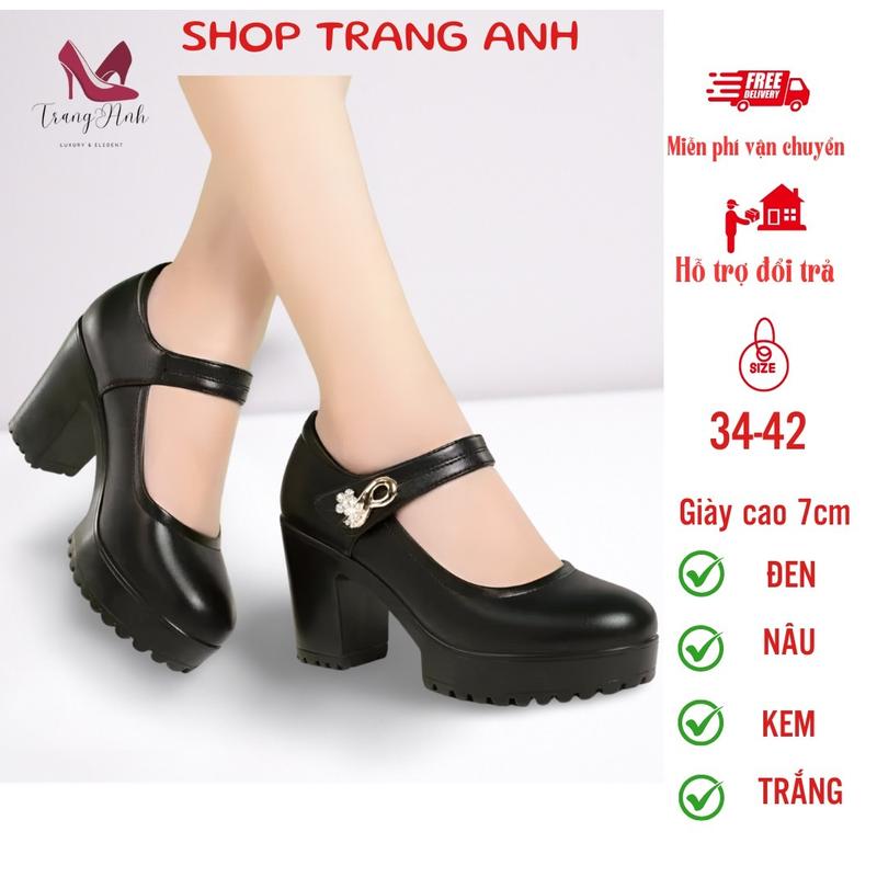 Giày nữ cao gót đế Pu nhẹ 7cm quai dán đính hoa Shoes Jean giày gót đi tiệc