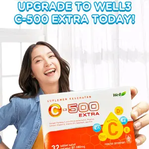 CNI Well3 C-500 Extra Kombinasi lengkap 6 bahan aktif, Pureway C, Citrus bioflavonoid, zinc Vit E, Vit D3 dan Selenium. Tingkatkan imunitas tubuh
