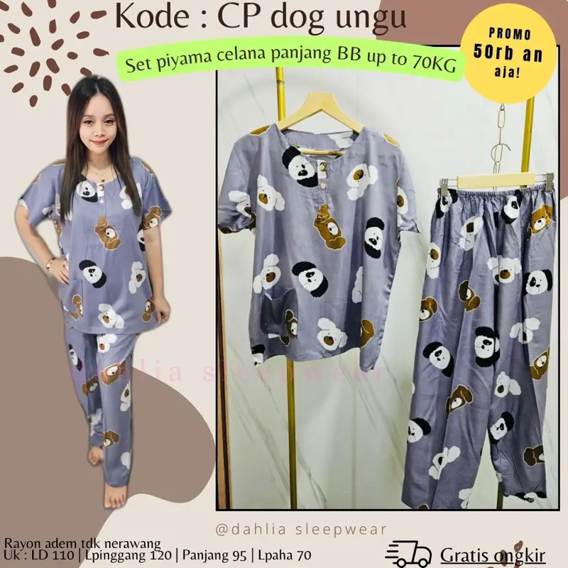 CP doggy ungu + piyama pendek/panjang tulis warna