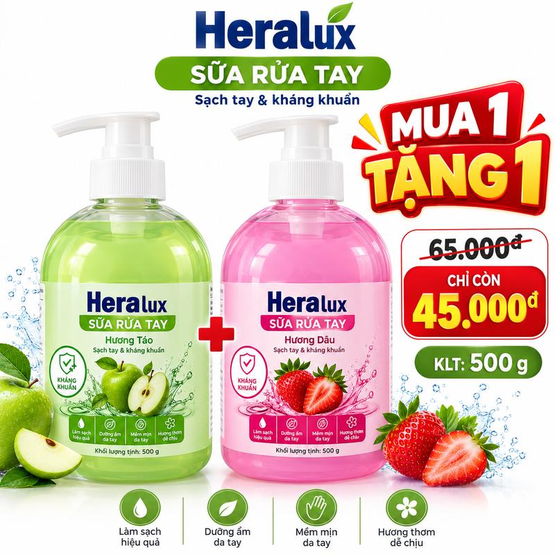 [ Mua 1 tặng 1 ] Sữa rửa tay HERALUX giữ ẩm, kháng khuẩn, mềm mại da tay dung tích 500ml - Tặng 1 chai udng loại