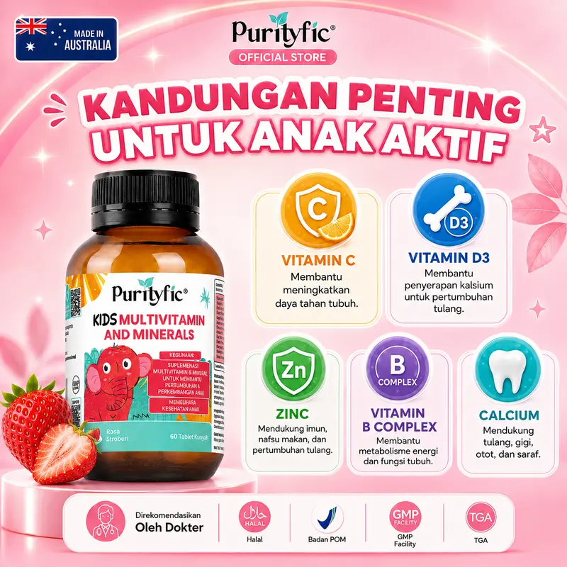 Purityfic Kids Multivitamin 12 Vitamin & 5 Mineral  - Vitamin Anak untuk Membantu Pertumbuhan & Perkembangan Anak dan Memelihara Kesehatan Anak | 60 Tablet Kunyah rasa Strawberry – Made in Australia