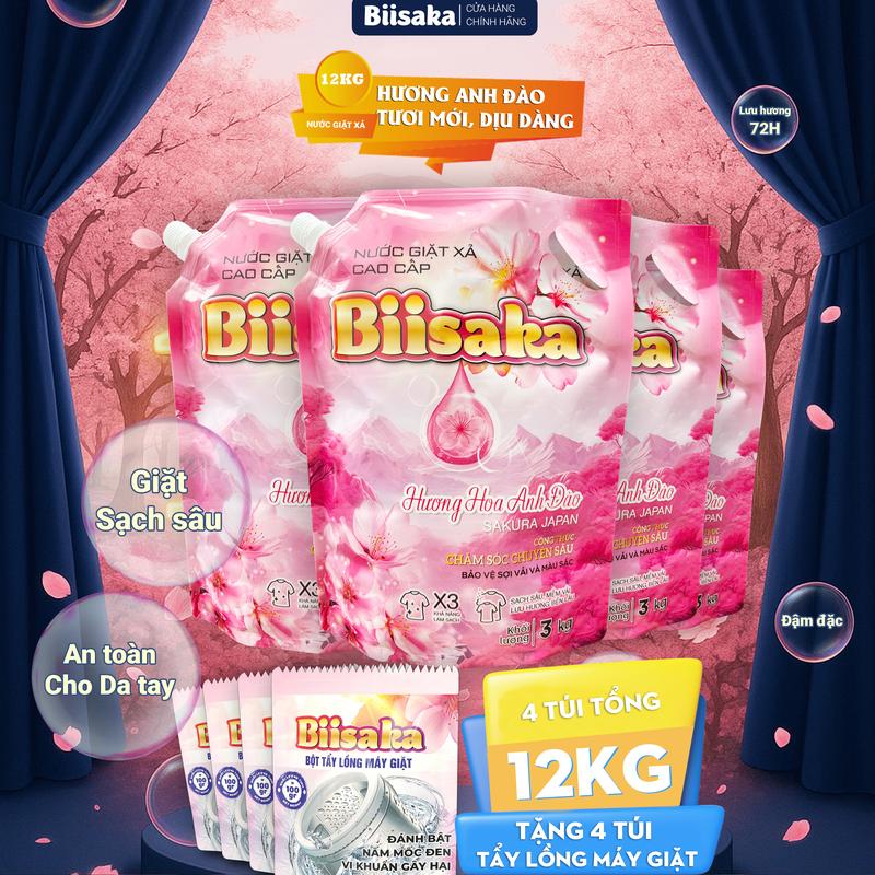    COMBO 12KG Nước Giặt Tặng 4 Tẩy Lồng Giặt   4 Túi Nước Giặt Xả Cao Cấp Biisaka Tổng 12KG Nước Giặt Tặng 4 Túi Bột Vệ Sinh Lồng Giặt Biisaka 