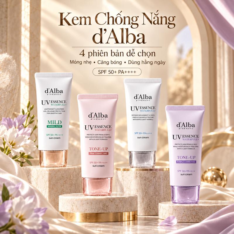 [Siêu HOT][COD] d'Alba Sun Cream SPF50+ PA++++, 4 Phiên Bản Mild / Tone Up Pink / Waterfull / Purple, Dưỡng Ẩm, Nâng Tông Tự Nhiên & Hỗ Trợ Chống Lão Hóa