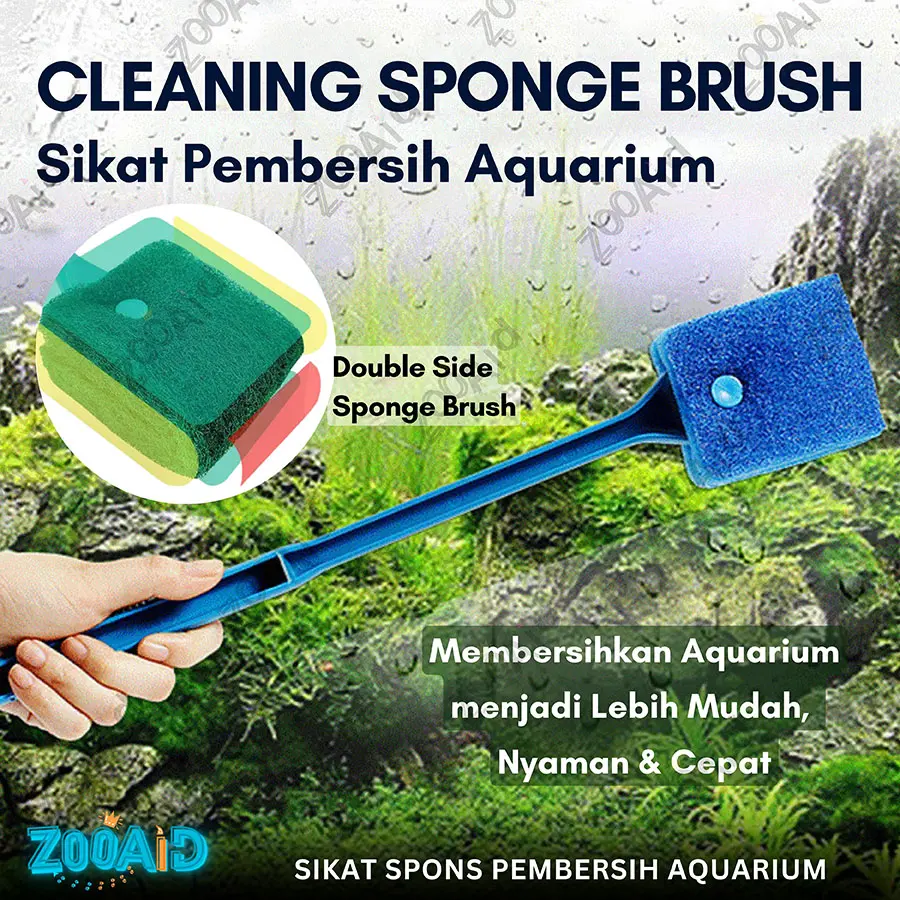 Sikat Pembersih Kaca Aquarium Brush Spon Dua Sisi Filter Ikan Scraper Kerak Gagang Panjang Cleaning Aquascape Fish Tank