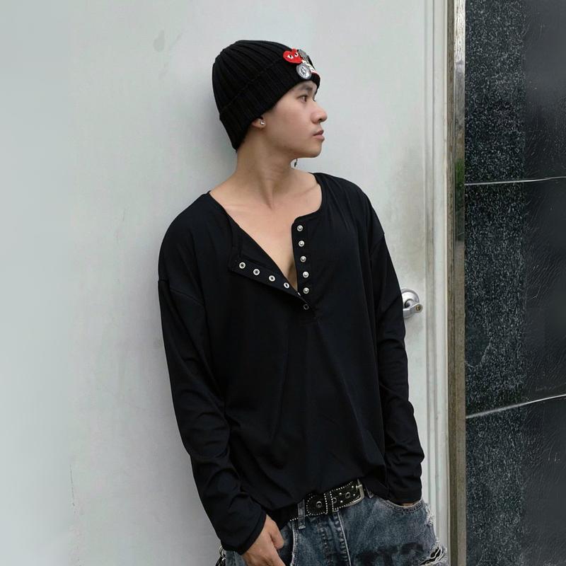 YOBA | Áo Tay Dài Cổ Henley Form Regular Fit Vải Thun Tăm Lạnh Nút Bấm Bigsize 130kg, Sport,Dancer,Gymer,Streetwear