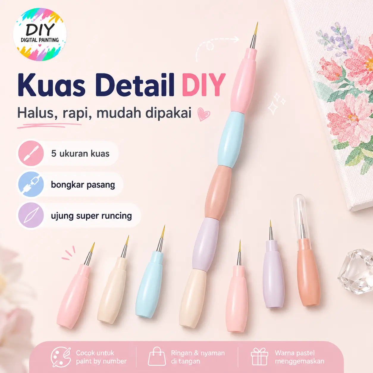Kuas Detail DIY Halus Rapi Mudah Dipakai 5 Ukuran Bongkar Pasang Ujung Super Runcing untuk Painting DIY Digital Painting