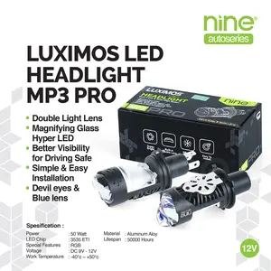 LUXIMOS Lampu Utama Mini Biled Projie 50 Watt H4 PNP Projector Laser Cut Off Flat Blue Lens Devil Eyes Super Terang Universal Kendaraan Motor Mobil Truk MP3 PRO - NINE AUTOSERIES
