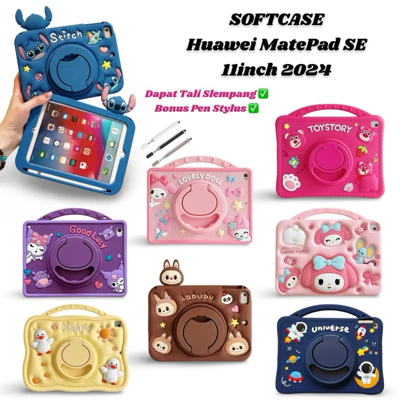 Case Karakter untuk Huawei MatePad SE 11inch 2024  / Matepad 11 2021/2023 Softcase Bahan Silikon dengan Case Standing dan Bonus Pen Stylus