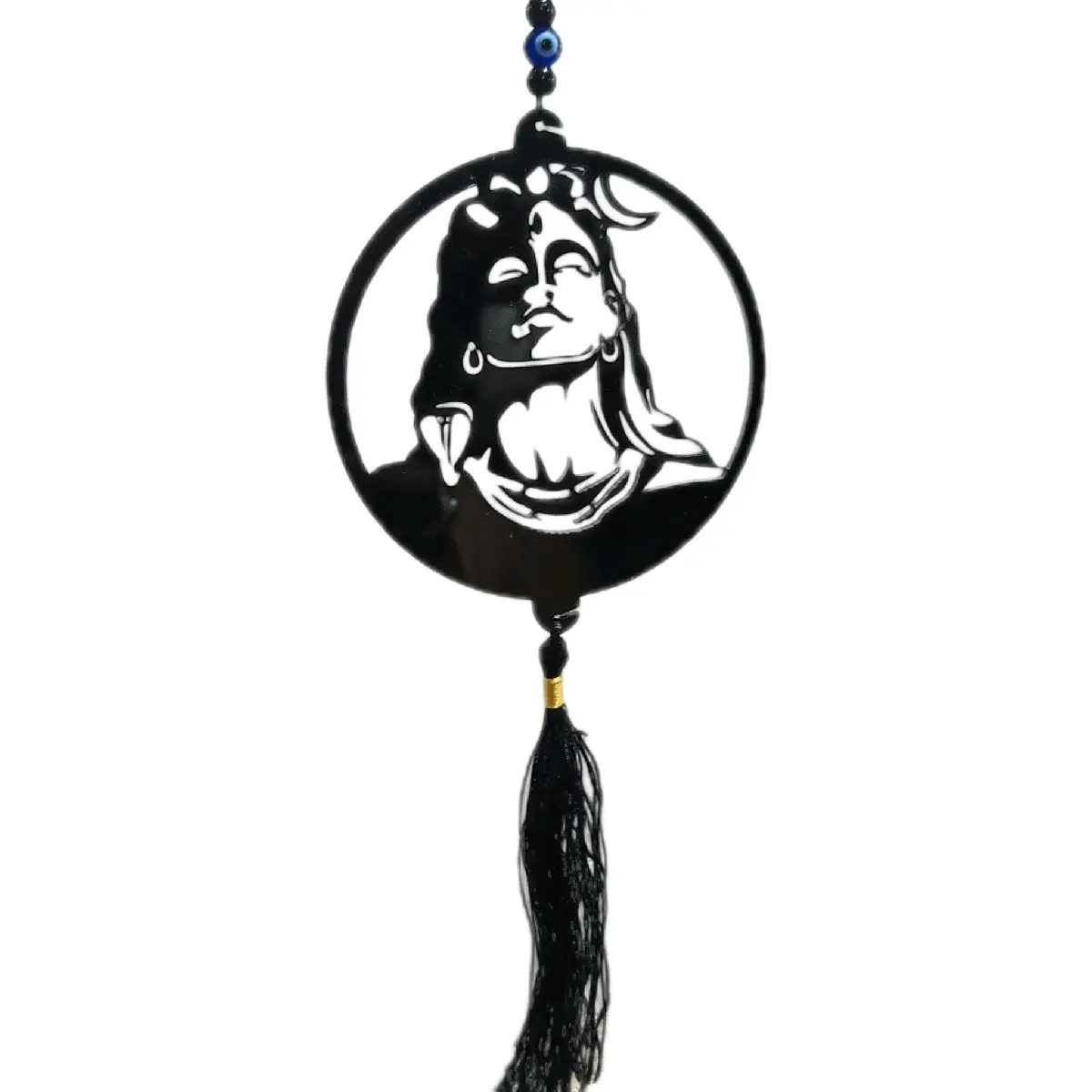 Adiyogi Car Hanging with Evil Eye & Black Tassel – 9cm x 25cm (Acrylic Material)