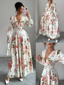 Vestido para mujer con estampado floral, diseño romántico francés, mangas Peter Pan fruncidas, cintura entallada, vestido largo de fiesta, prenda exterior versátil