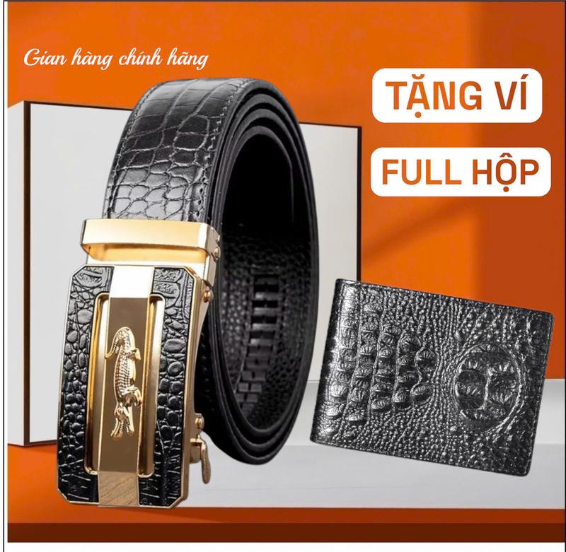   FULLBOX  Combo Bộ Đôi Thắt Lưng Da Khóa Tự Động Dây Vân Cá Sấu+ Ví Da Cá Sấu CÓ KHÓA KÉO 
