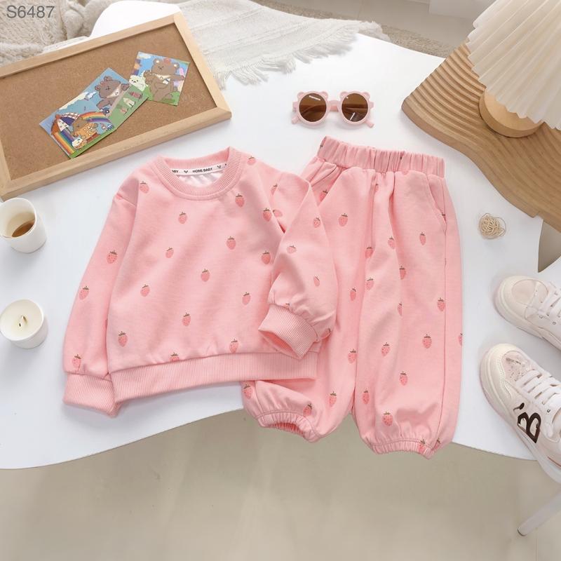 S6487- Bộ Đồ Bé Gái Áo Dâu Hồng Quần Bo Gấu Size 8-23kg