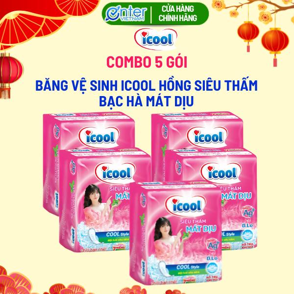   Combo 5 Gói  Băng vệ sinh ICOOL Siêu Thấm Hồng Mới 7 miếng BVS ban ngày có cánh 24cm MẶT LƯỚI  siêu thấm khô thoáng Bạc Hà MÁT DỊU kháng khuẩn khử mùi hiệu quả Nữ Tampon 