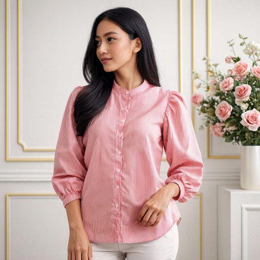 Blouse Puffy Motif Salur//Atasan//Kemeja Wanita Dewasa Kancing Busui Terbaru Kekinian Katun Lembut Formal Casual