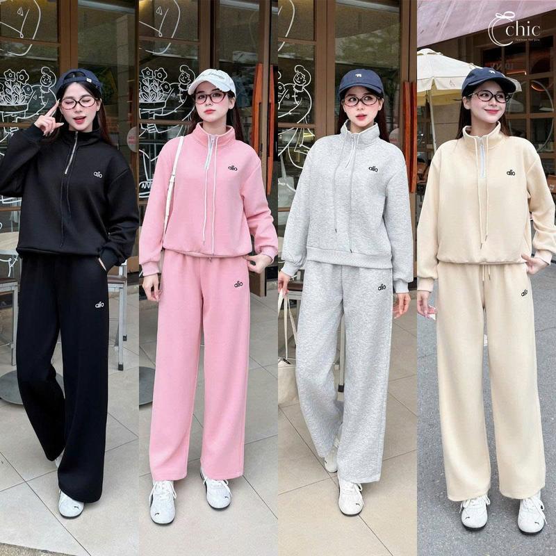  Bộ Nỉ Nữ Cổ Kéo Khóa Thêu Chữ Alio Trước Ngực Quần Suông Chất Liệu Nỉ Cao Cấp Ấm Áp Không Xù 