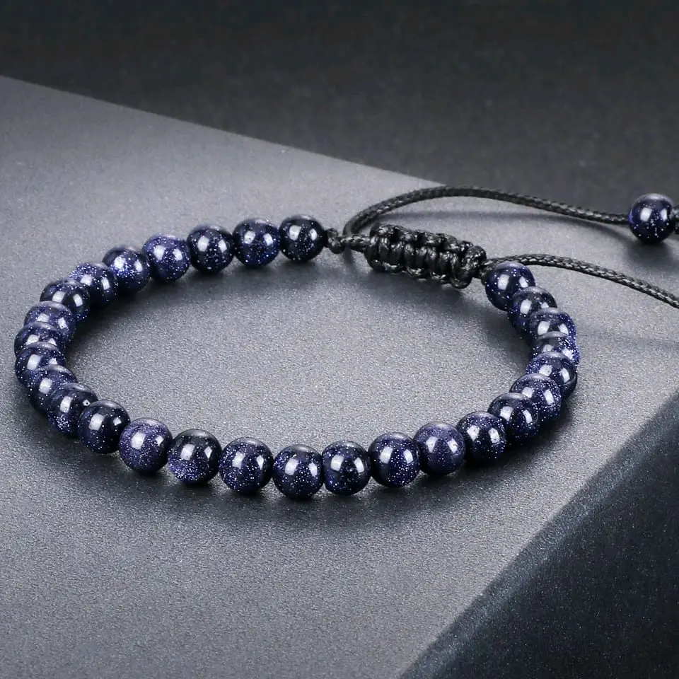 Gelang Batu Alam Blue Sand Stone Ukuran 4/6/8 mm, Gelang Energi Positif Chakra Yoga, Bracelets Pria Wanita Harian Gelang & Bangle Tangan, Natural Stone Beads Bracelets, Gelang Tali Serut & Karet  Giok Emas model
