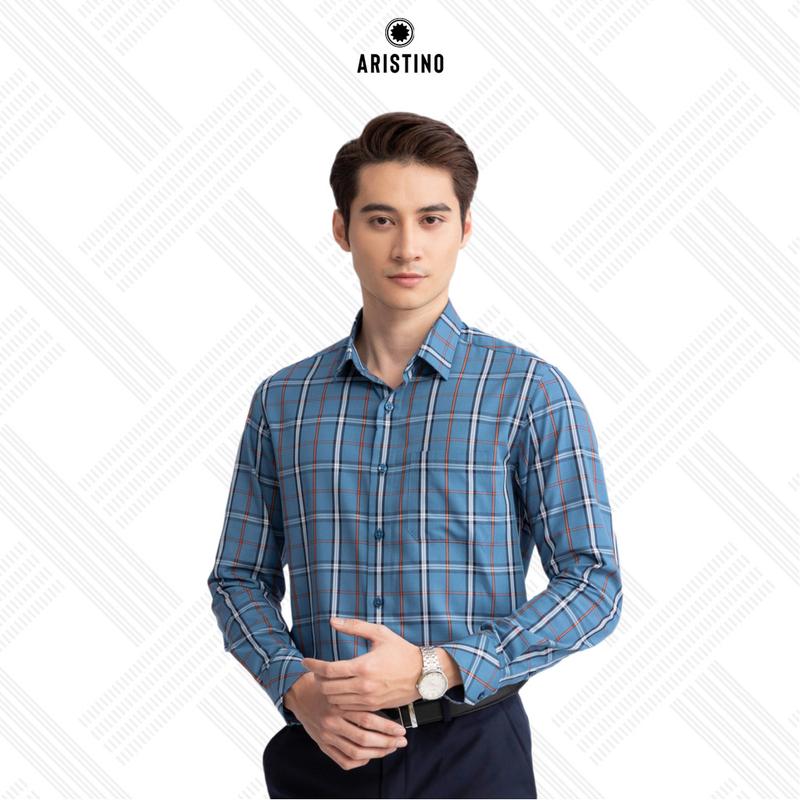 ARISTINO Áo sơ mi dài tay nam thiết kế tà lượn có túi. Màu xanh kẻ cam tinh tế phom dáng regular fit ALS19302