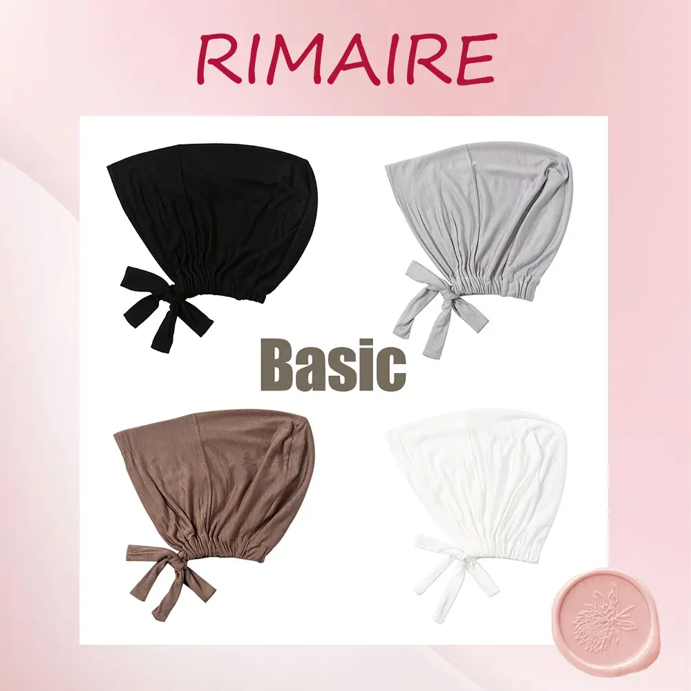 RIMAIRE Solid Color Modal Elastic Band Base Cap with Rope Adjustable Bandana Chemo Cap Black White inner hijab