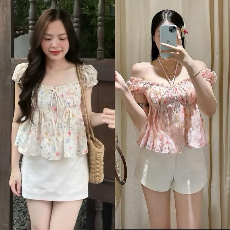 [Bèo Béo Bigsize ] Set 2 Món Áo Babydoll Hoa Nhí Mùa Hè Kèm Chân Váy Trắng Taffta Form Bigsize 60-90Kg