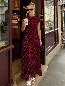 Vestido boho de línea A con estampado de lunares, elegante para fiestas de verano, sin mangas y ajustado (bodycon), cuello en O; vestido maxi casual de moda nueva para mujer; vestido largo gracioso para vacaciones, blanco, verano.