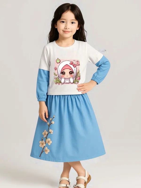 Setelan Rok Panjang Anak Perempuan Bahan Katun Untuk Usis 3-12 Tahun Fashion 2