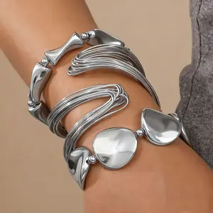 3 gelang kombinasi set perak mode berlebihan geometri melingkuk garis pembukaan gelang CCB punk gelombang string manik gelang set grosir