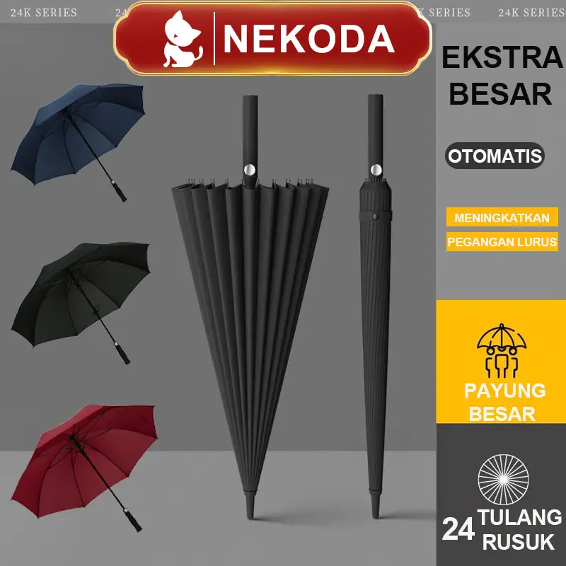 NEKODA Payung Besar Jumbo Golf Otomatis Jari Fiber Premium Quality Anti Karat & UV 24 Tulang Rusuk Hitam